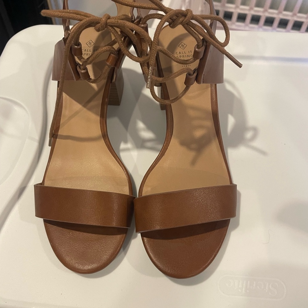 Call It Spring Brown Block Heel Sandals with Lace Ankle Tie - Picture 6 of 7